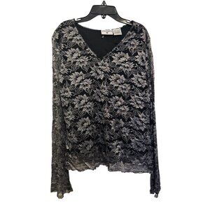 Kathy Ireland Black & Silver Floral Lace Long Sleeve Top Large